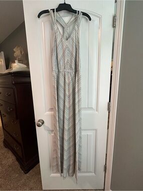 Striped V-Neck Maxi Dress with Cross-Back Straps
